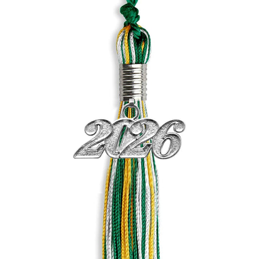 Green/Gold/White Mixed Color Graduation Tassel with Silver Bling Charm by Wholesale Grad Supply