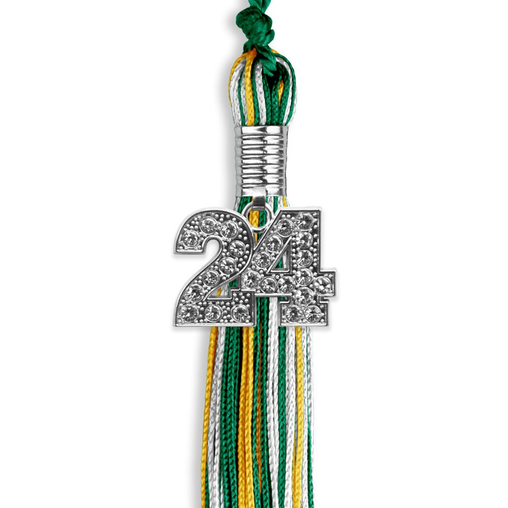 Green/Gold/White Mixed Color Graduation Tassel with Silver Bling Charm by Wholesale Grad Supply