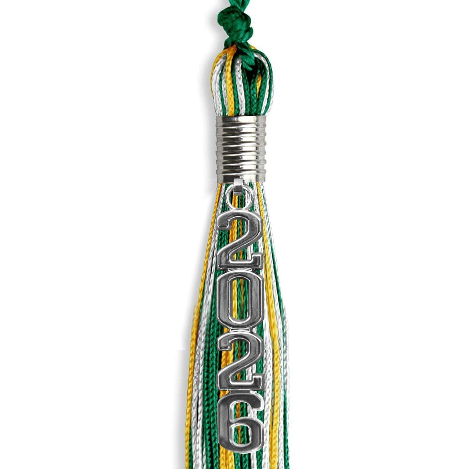 Green/Gold/White Mixed Color Graduation Tassel with Silver Stacked Date Drop by Wholesale Grad Supply