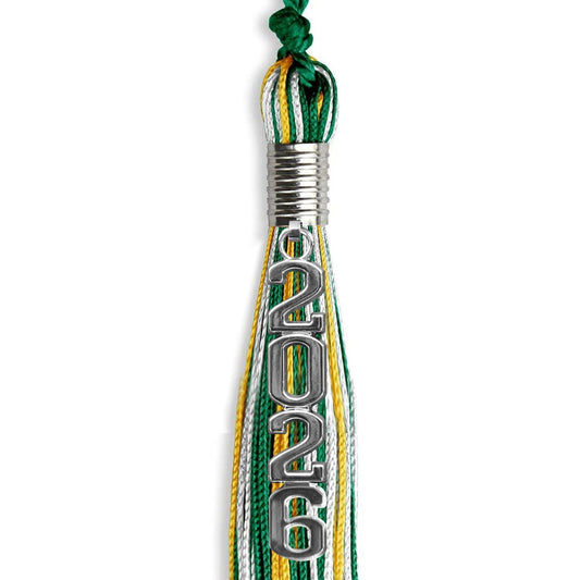 Green/Gold/White Mixed Color Graduation Tassel with Silver Stacked Date Drop by Wholesale Grad Supply