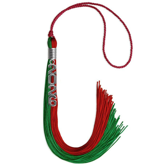 Green/Red Graduation Tassel with Silver Stacked Date Drop by Wholesale Grad Supply