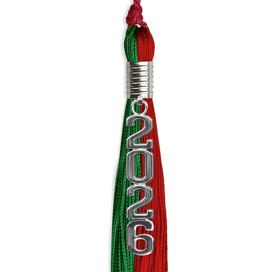 Green/Red Graduation Tassel with Silver Stacked Date Drop by Wholesale Grad Supply