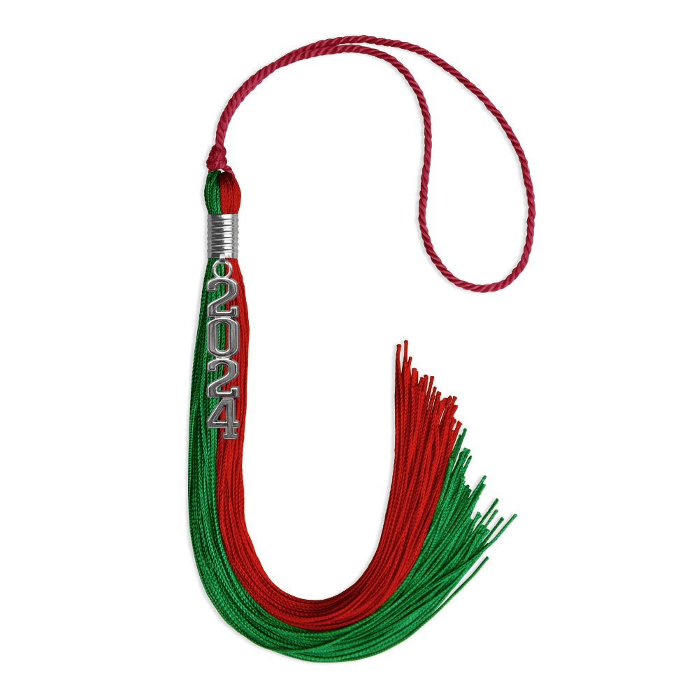 Green/Red Graduation Tassel with Silver Stacked Date Drop by Wholesale Grad Supply