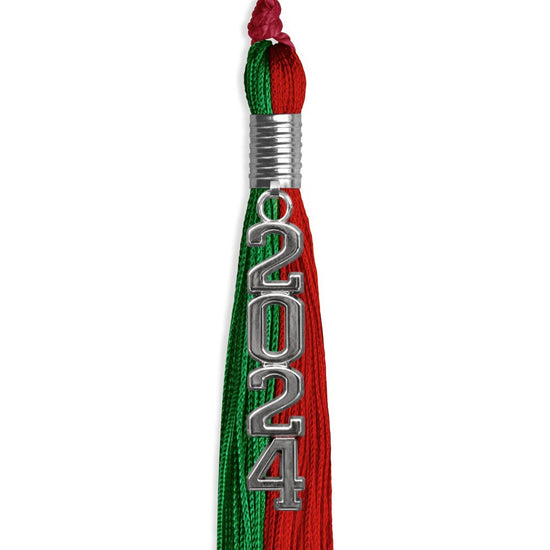 Green/Red Graduation Tassel with Silver Stacked Date Drop by Wholesale Grad Supply