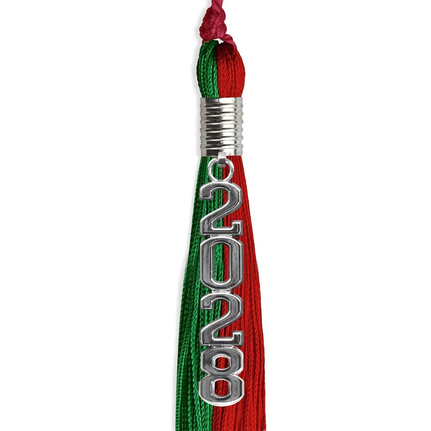 Green/Red Graduation Tassel with Silver Stacked Date Drop by Wholesale Grad Supply
