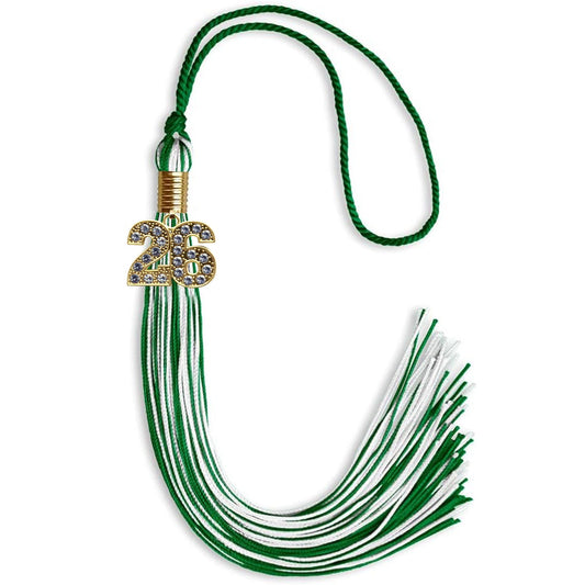 Green/White Mixed Color Graduation Tassel with Gold Bling Charm by Wholesale Grad Supply