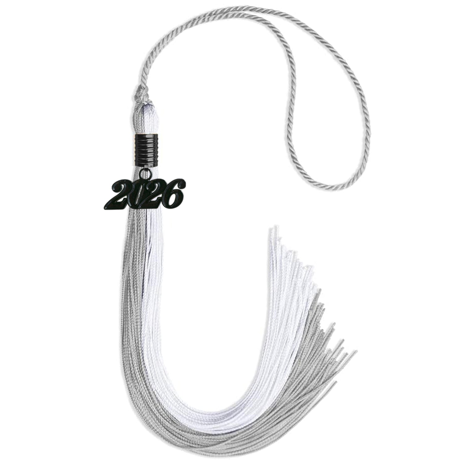Grey/White Graduation Tassel with Black Bling Charm by Wholesale Grad Supply