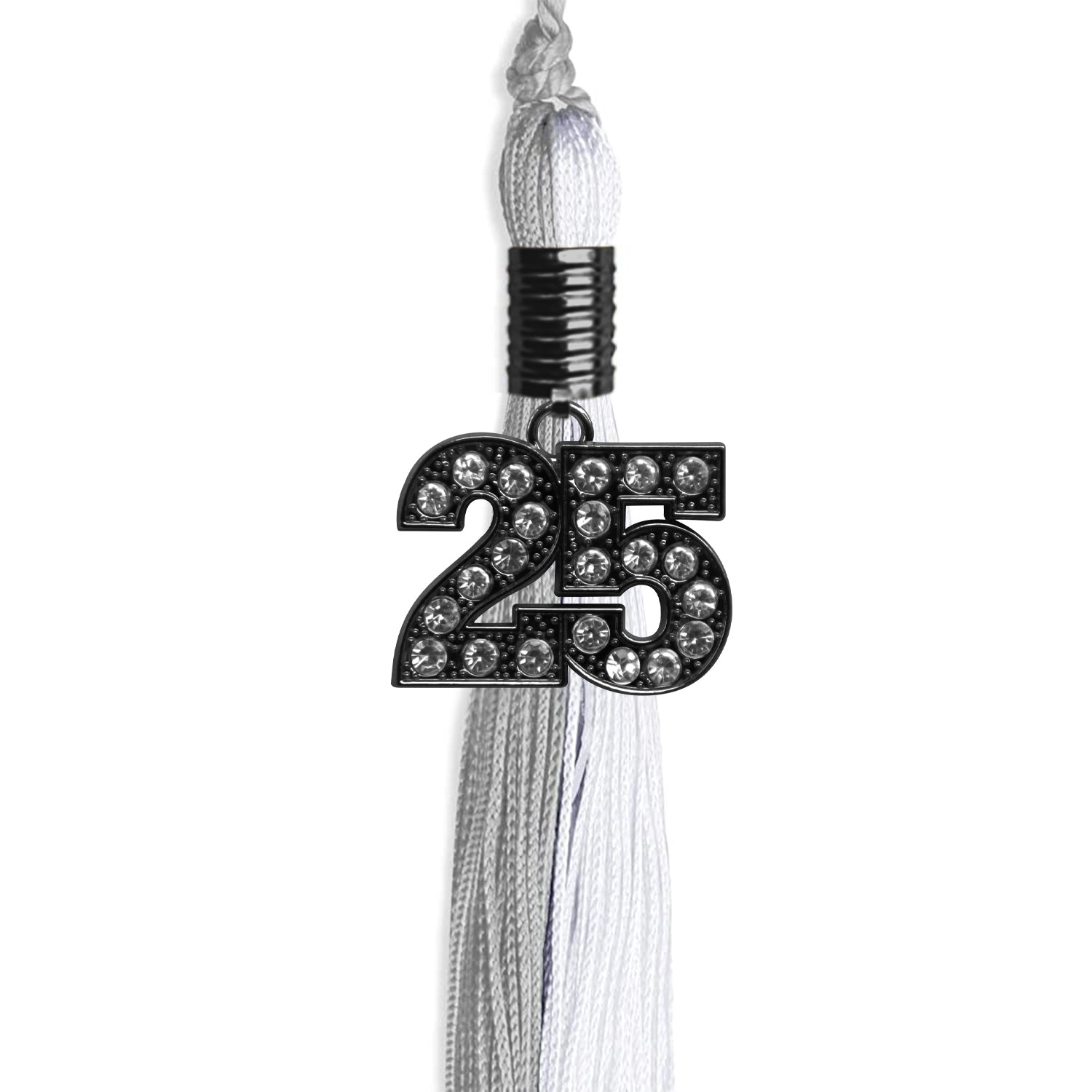 Grey/White Graduation Tassel with Black Bling Charm by Wholesale Grad Supply