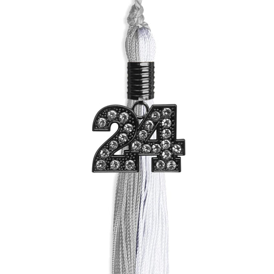 Grey/White Graduation Tassel with Black Bling Charm by Wholesale Grad Supply