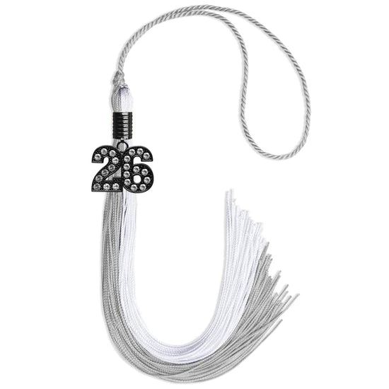 Grey/White Graduation Tassel with Black Bling Charm by Wholesale Grad Supply
