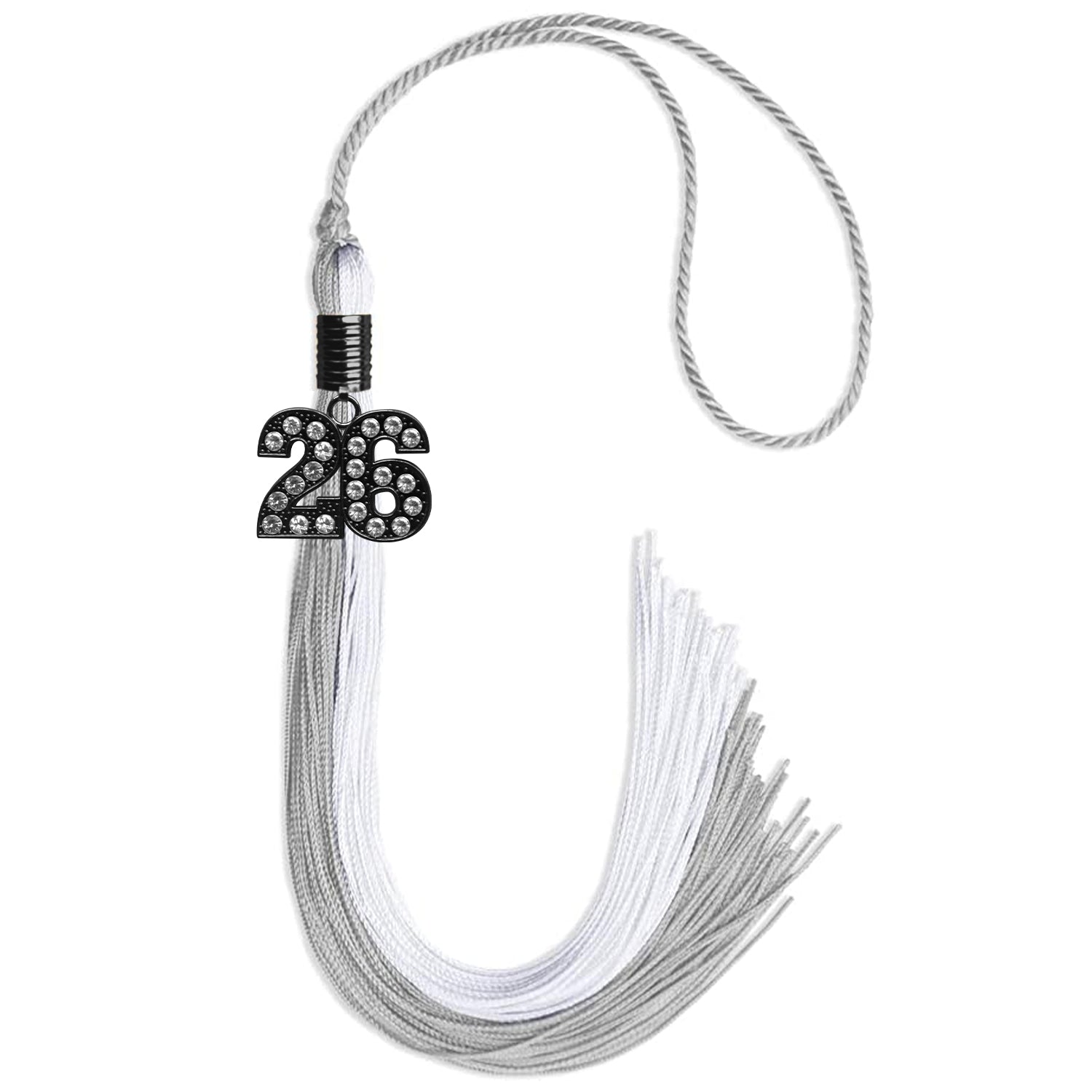Grey/White Graduation Tassel with Black Bling Charm by Wholesale Grad Supply