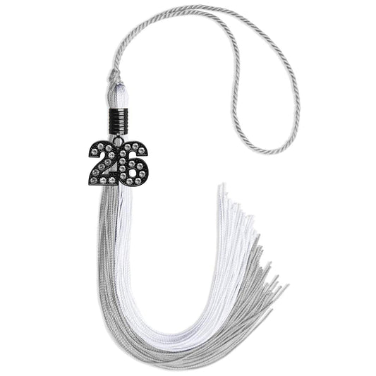 Grey/White Graduation Tassel with Black Bling Charm by Wholesale Grad Supply