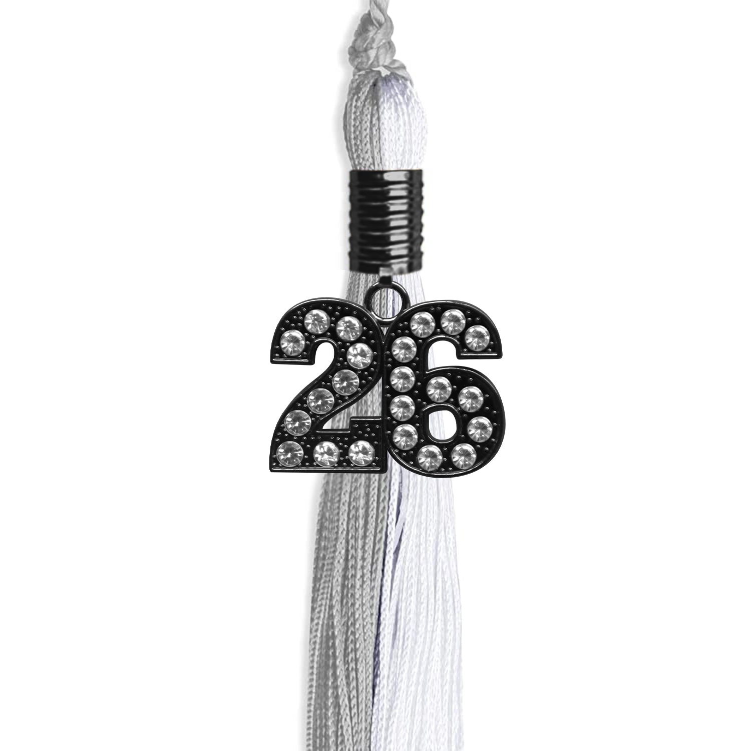 Grey/White Graduation Tassel with Black Bling Charm by Wholesale Grad Supply