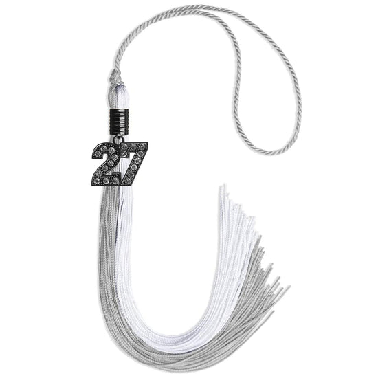Grey/White Graduation Tassel with Black Bling Charm by Wholesale Grad Supply