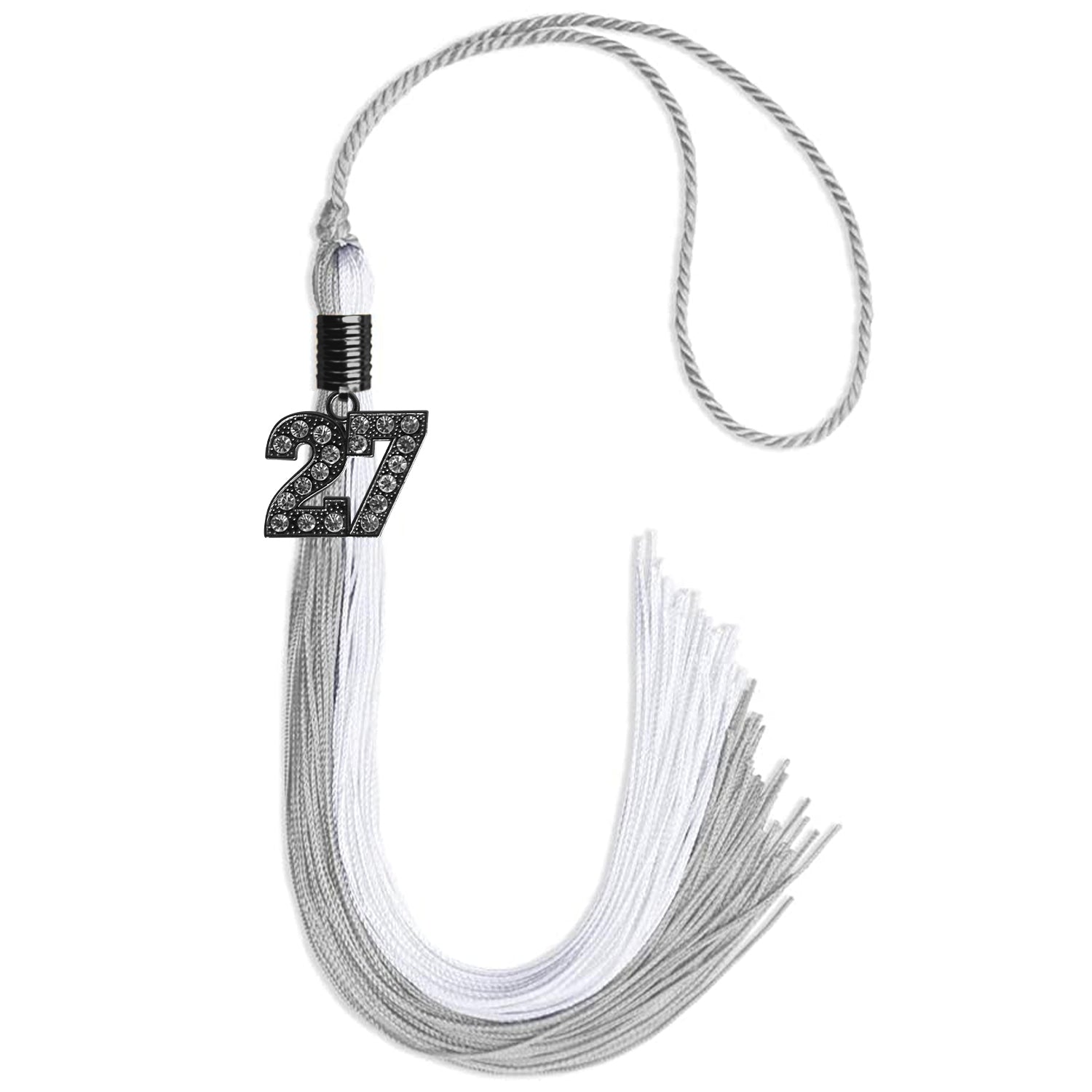 Grey/White Graduation Tassel with Black Bling Charm by Wholesale Grad Supply