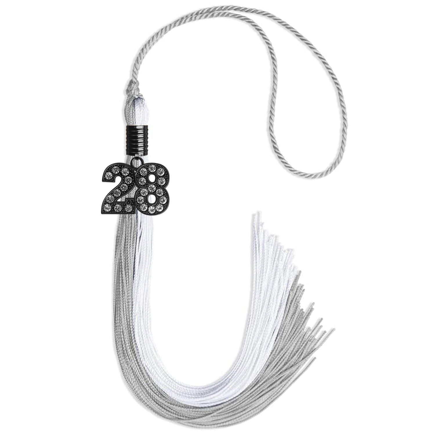 Grey/White Graduation Tassel with Black Bling Charm by Wholesale Grad Supply