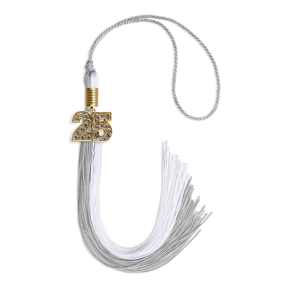 Grey/White Graduation Tassel with Gold Bling Charm by Wholesale Grad Supply