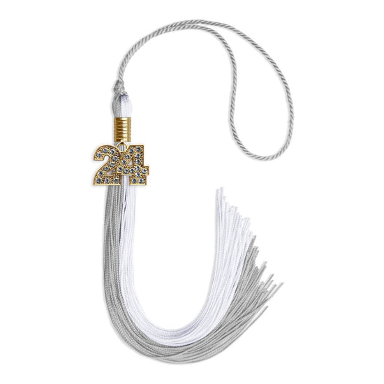 Grey/White Graduation Tassel with Gold Bling Charm by Wholesale Grad Supply