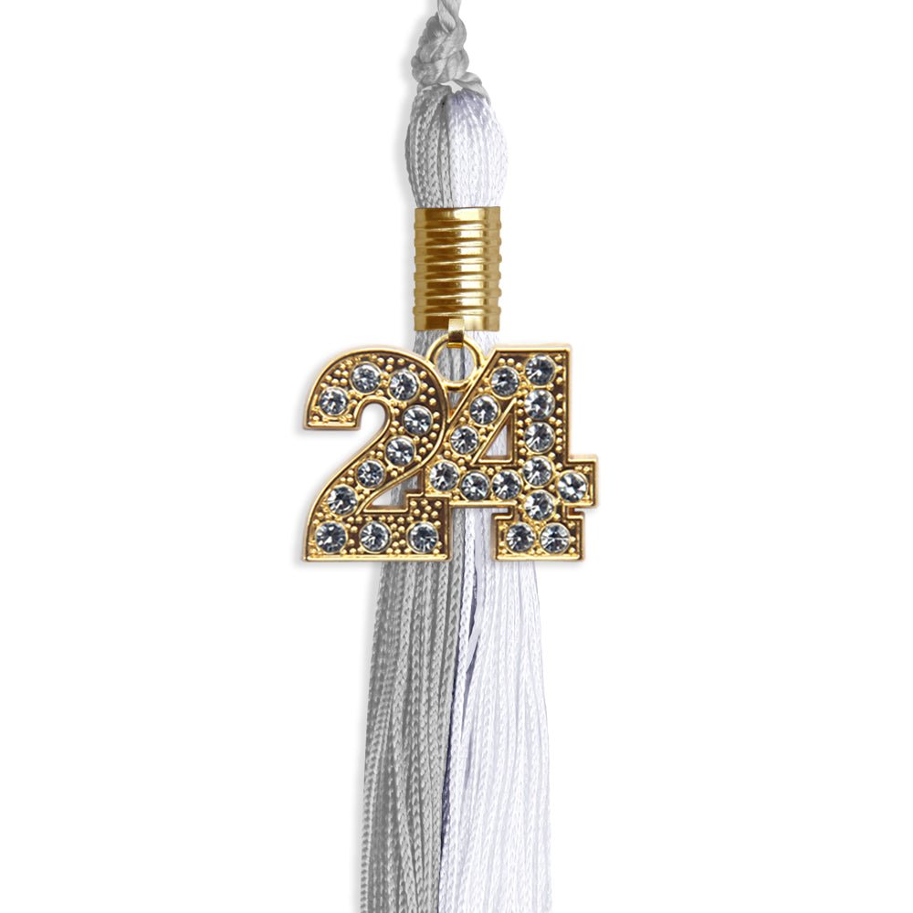 Grey/White Graduation Tassel with Gold Bling Charm by Wholesale Grad Supply