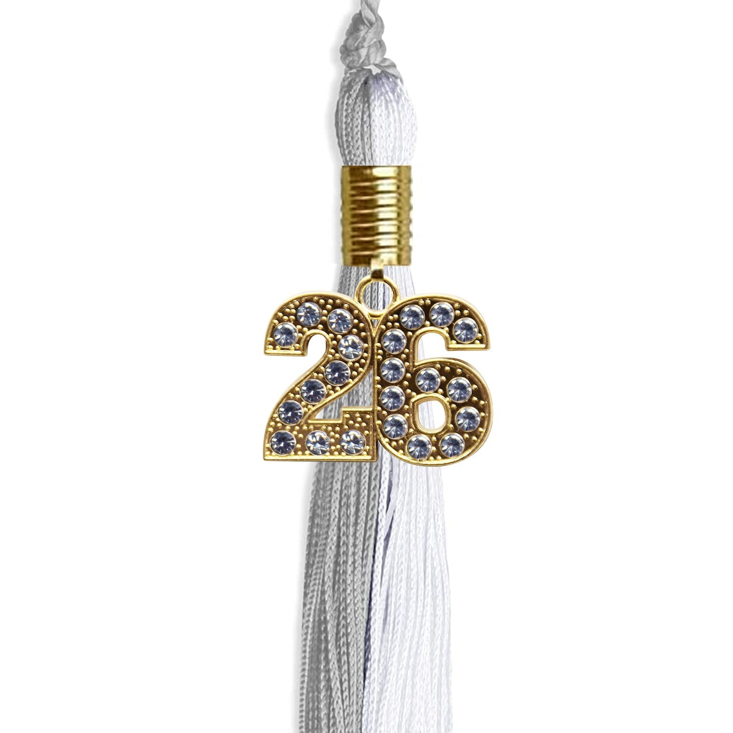 Grey/White Graduation Tassel with Gold Bling Charm by Wholesale Grad Supply
