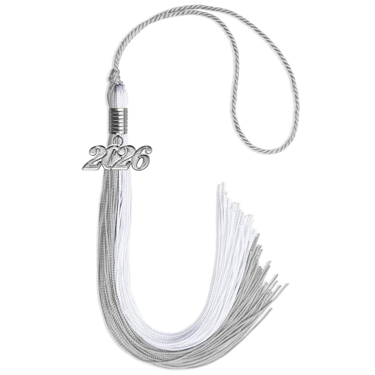 Grey/White Graduation Tassel with Silver Bling Charm by Wholesale Grad Supply