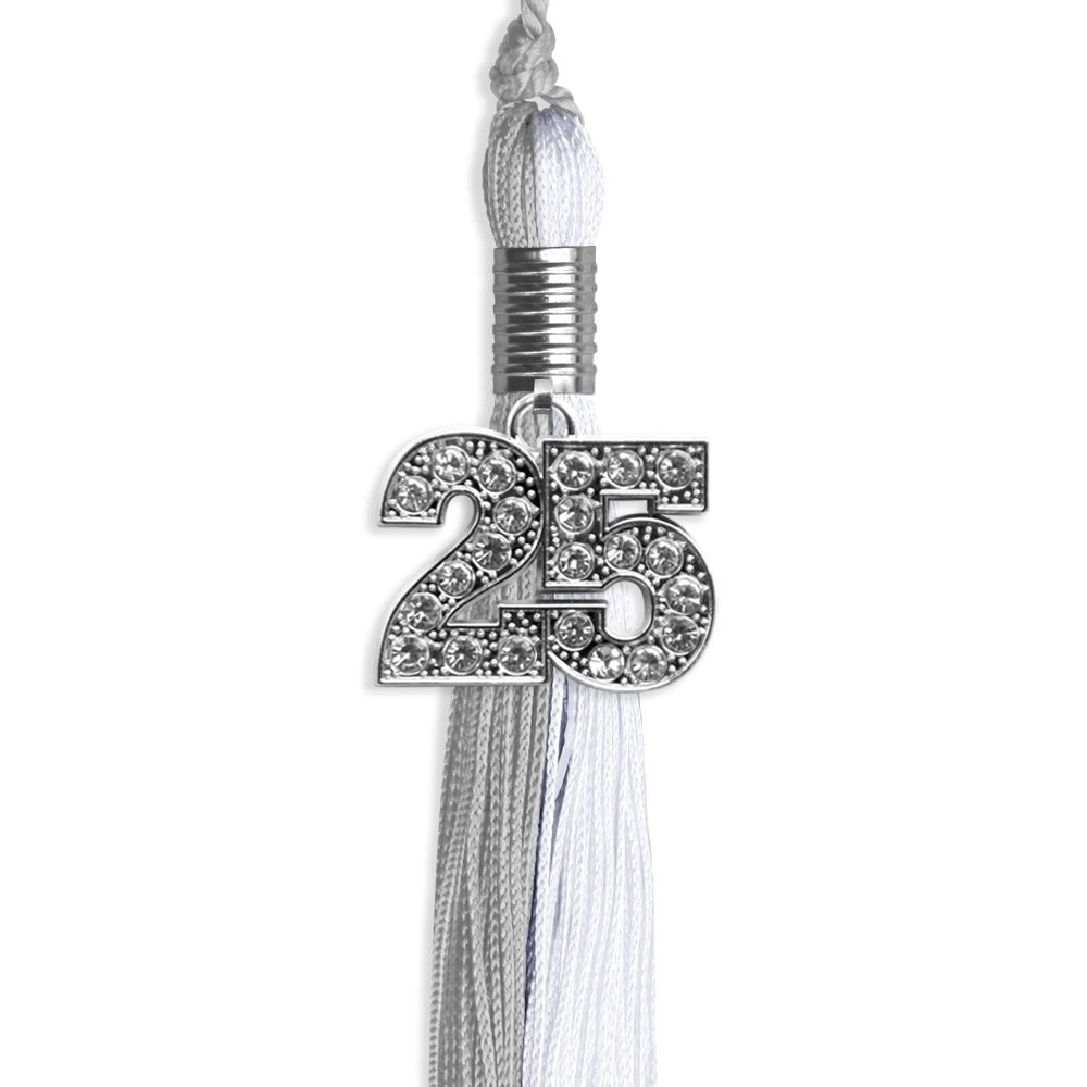 Grey/White Graduation Tassel with Silver Bling Charm by Wholesale Grad Supply