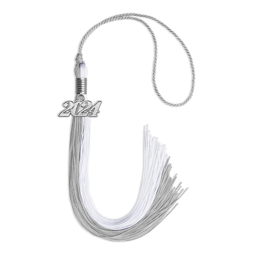 Grey/White Graduation Tassel with Silver Bling Charm by Wholesale Grad Supply