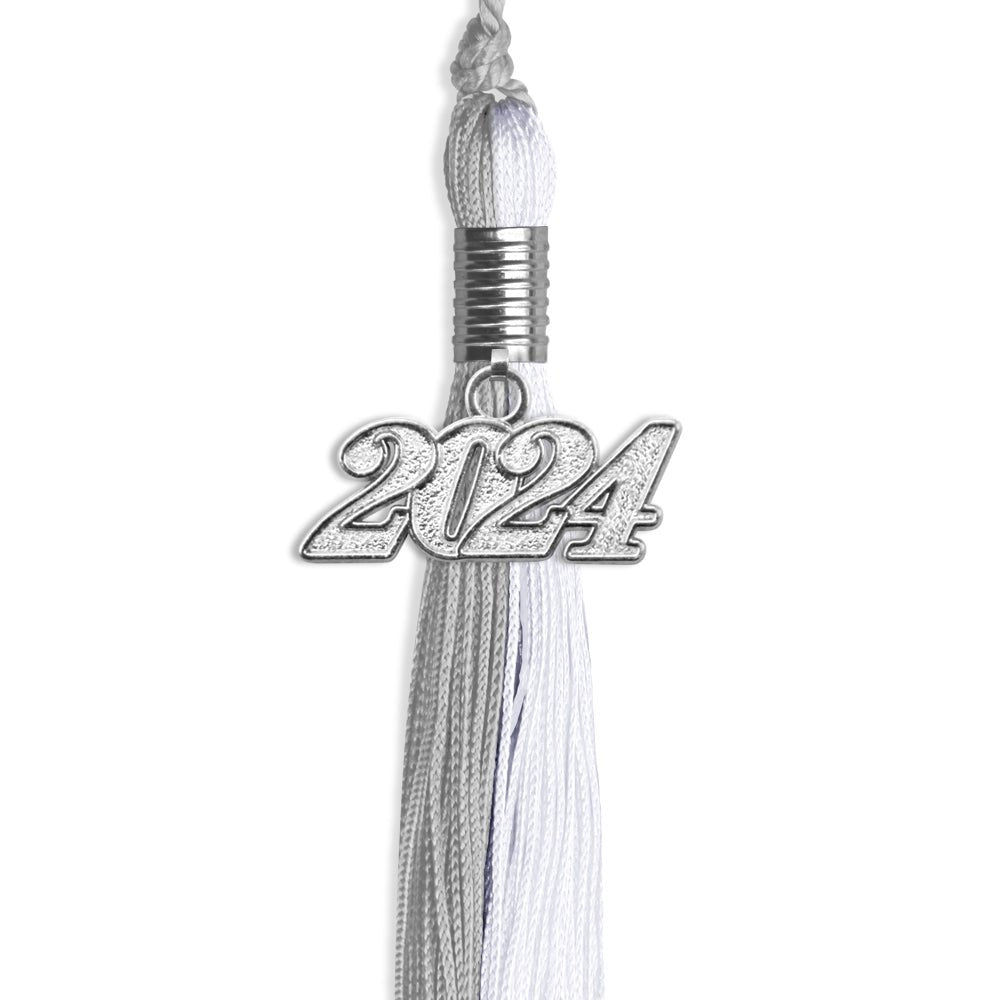 Grey/White Graduation Tassel with Silver Bling Charm by Wholesale Grad Supply