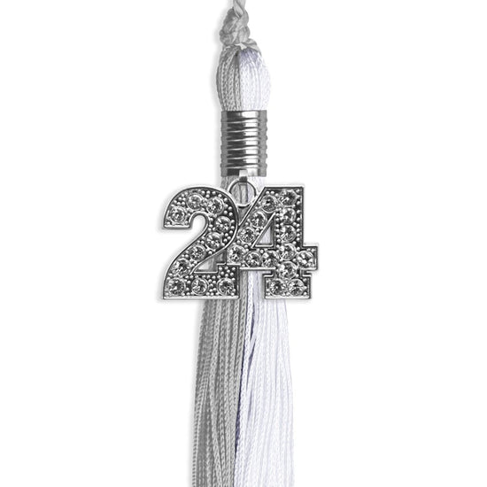 Grey/White Graduation Tassel with Silver Bling Charm by Wholesale Grad Supply
