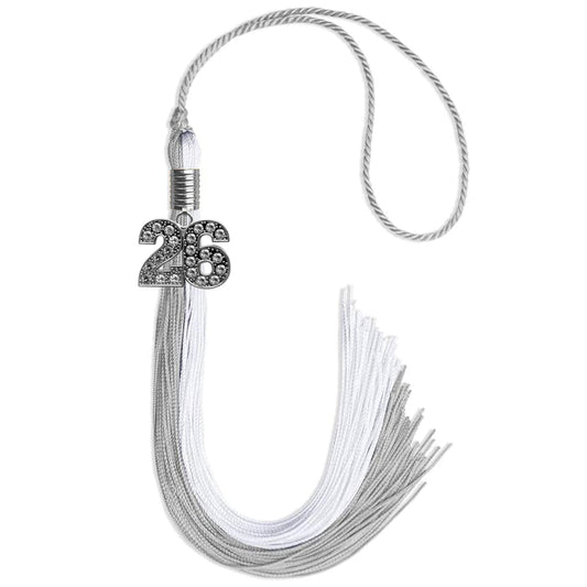 Grey/White Graduation Tassel with Silver Bling Charm by Wholesale Grad Supply