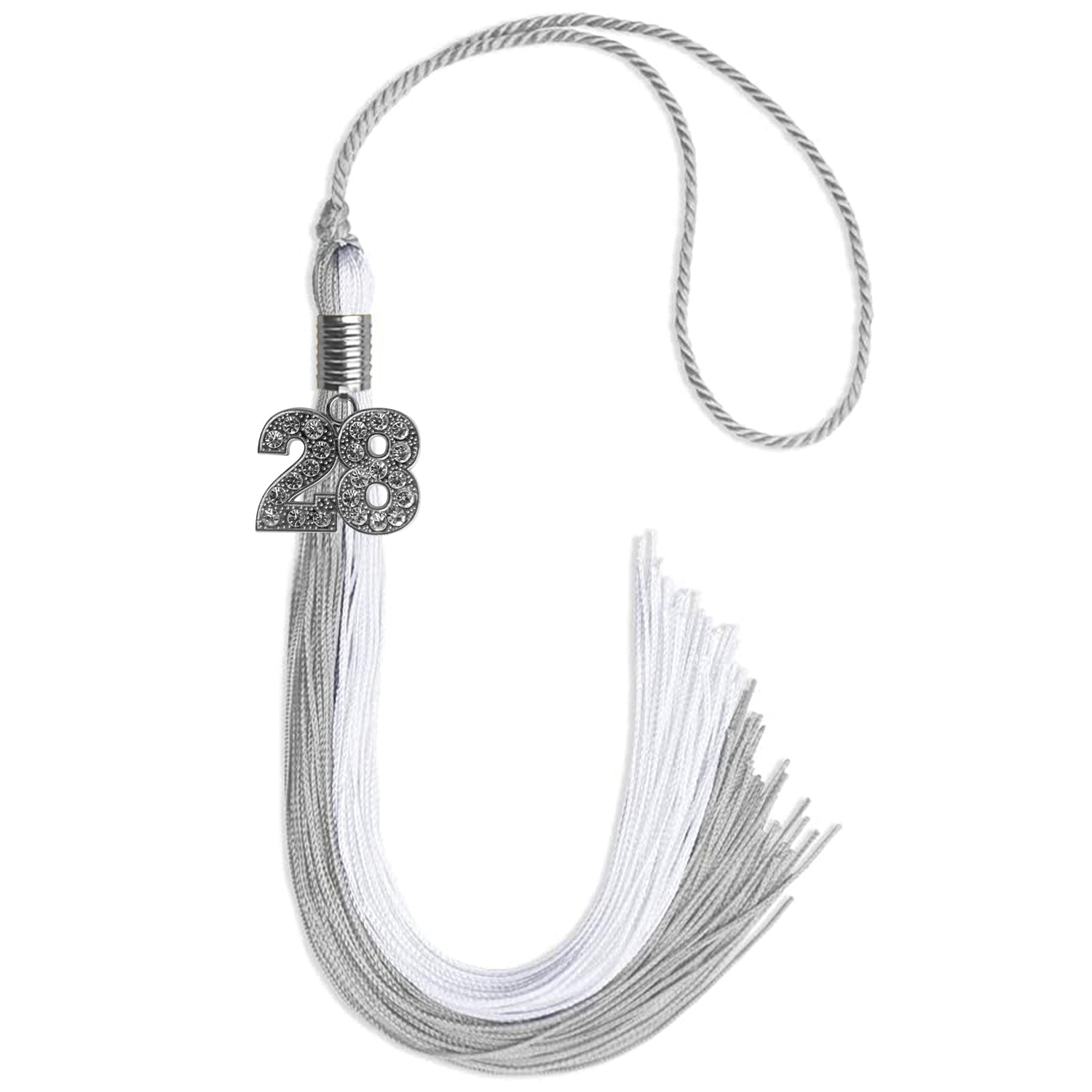 Grey/White Graduation Tassel with Silver Bling Charm by Wholesale Grad Supply