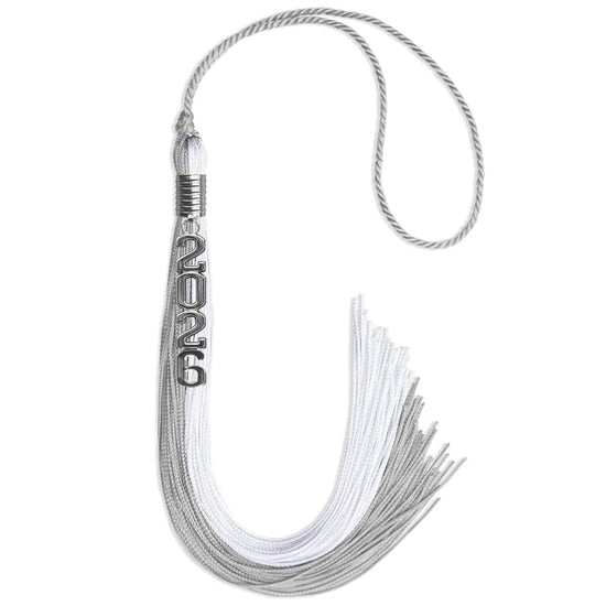 Grey/White Graduation Tassel with Silver Stacked Date Drop by Wholesale Grad Supply