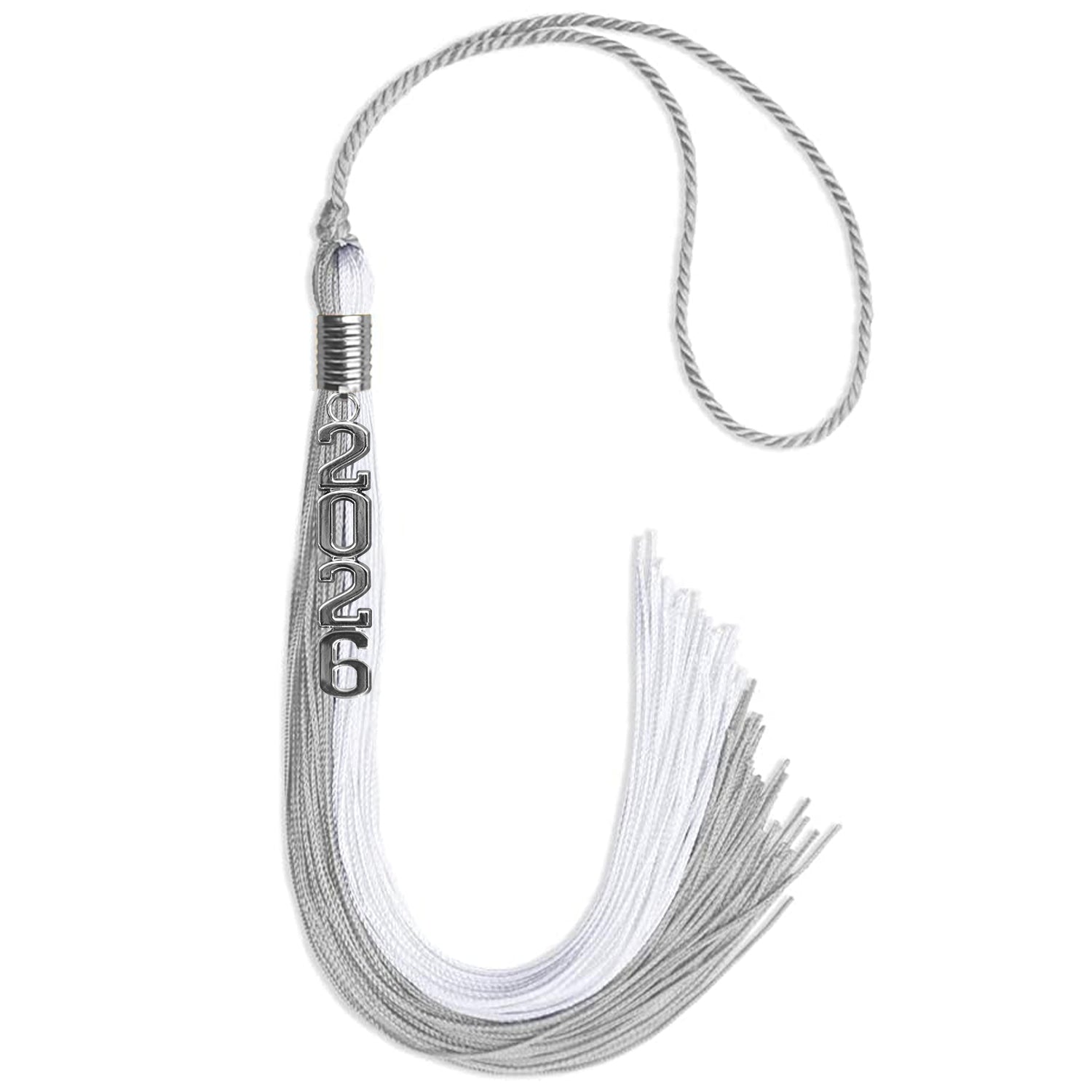 Grey/White Graduation Tassel with Silver Stacked Date Drop by Wholesale Grad Supply