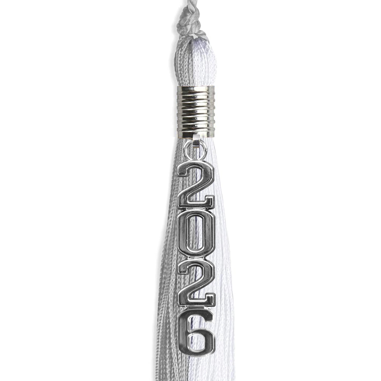 Grey/White Graduation Tassel with Silver Stacked Date Drop by Wholesale Grad Supply