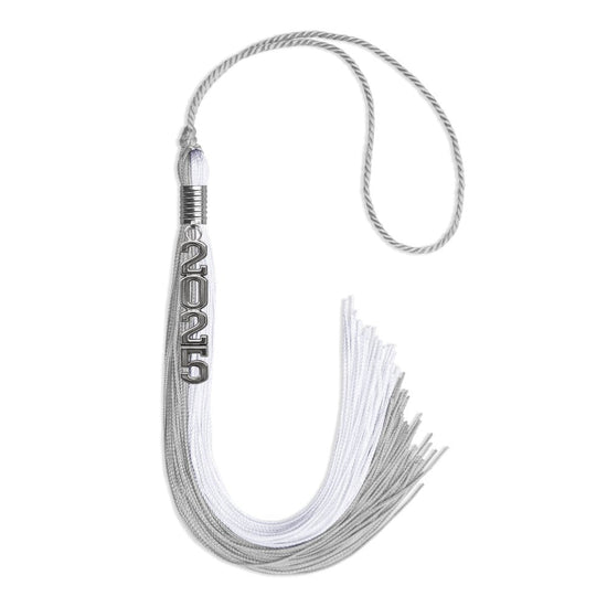 Grey/White Graduation Tassel with Silver Stacked Date Drop by Wholesale Grad Supply