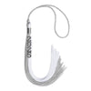 Grey/White Graduation Tassel with Silver Stacked Date Drop by Wholesale Grad Supply