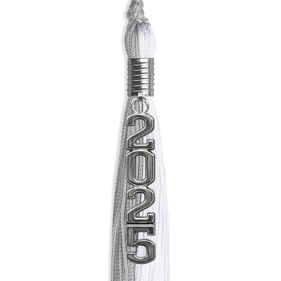 Grey/White Graduation Tassel with Silver Stacked Date Drop by Wholesale Grad Supply