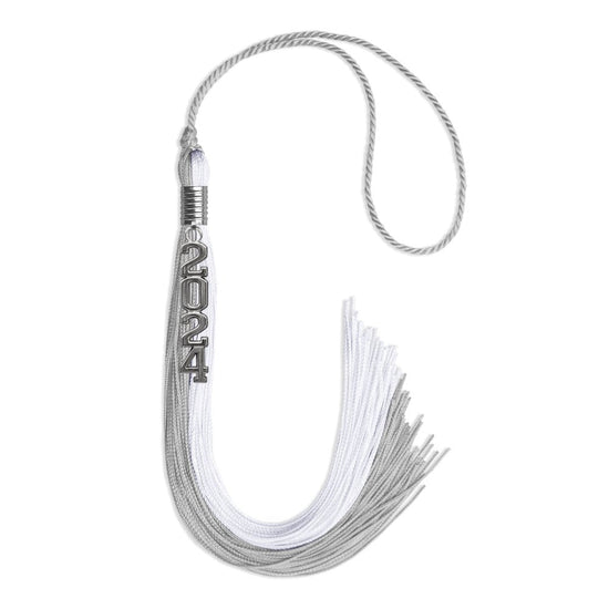 Grey/White Graduation Tassel with Silver Stacked Date Drop by Wholesale Grad Supply