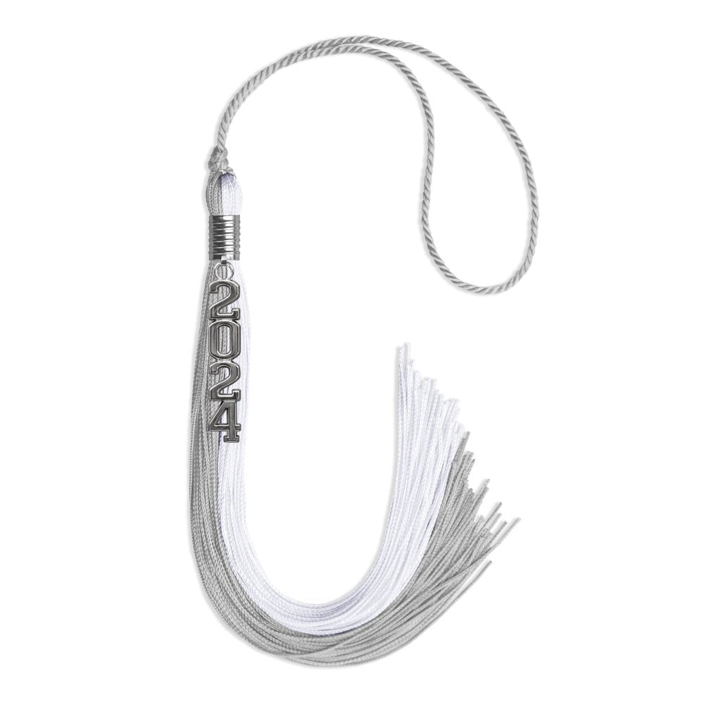 Grey/White Graduation Tassel with Silver Stacked Date Drop by Wholesale Grad Supply