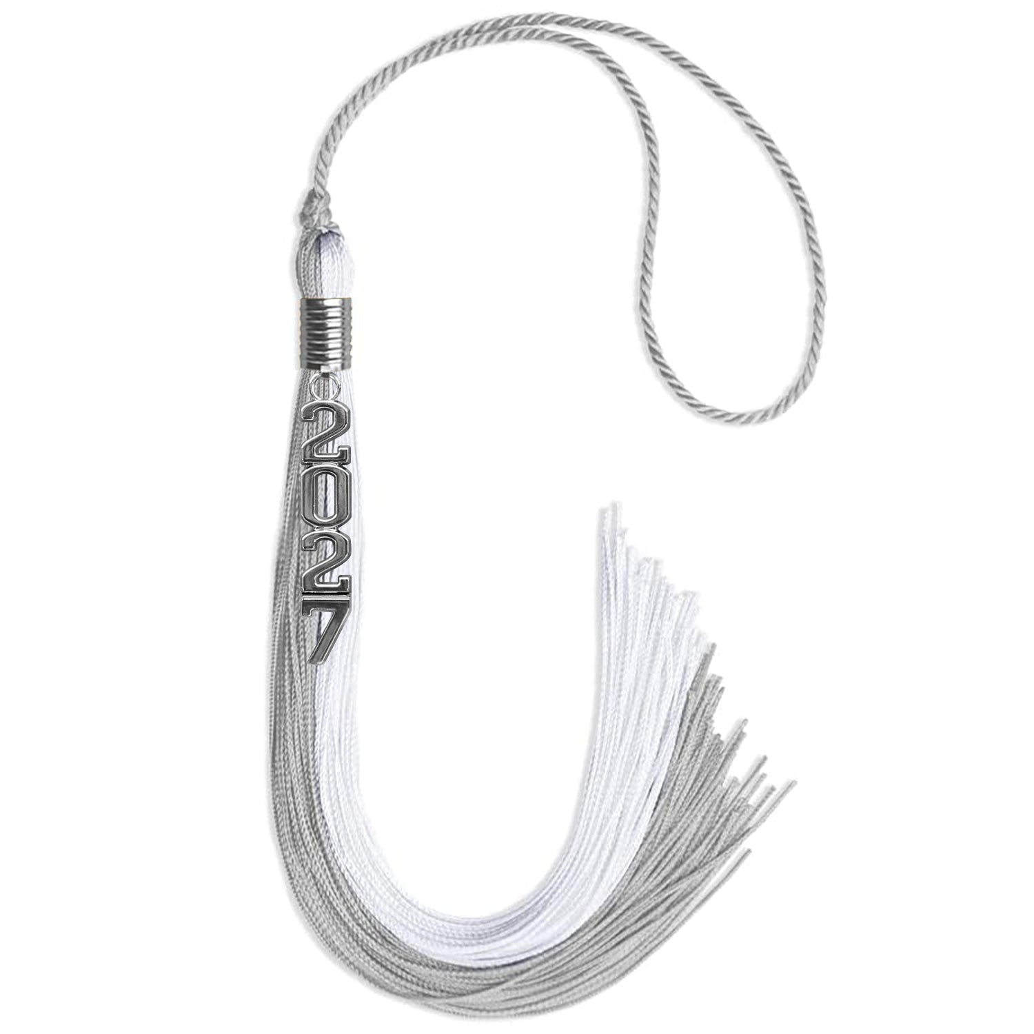 Grey/White Graduation Tassel with Silver Stacked Date Drop by Wholesale Grad Supply
