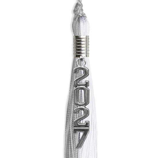 Grey/White Graduation Tassel with Silver Stacked Date Drop by Wholesale Grad Supply