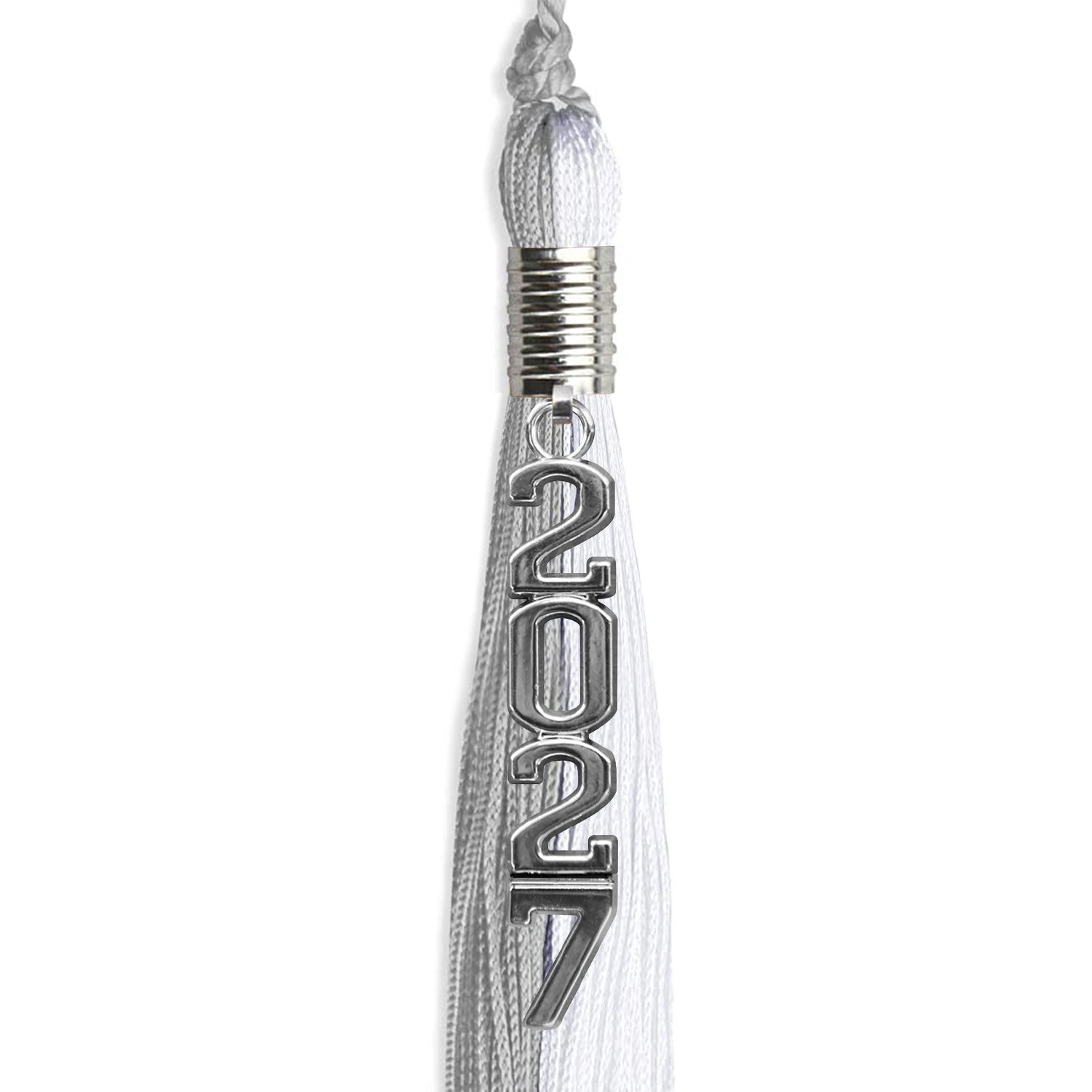 Grey/White Graduation Tassel with Silver Stacked Date Drop by Wholesale Grad Supply