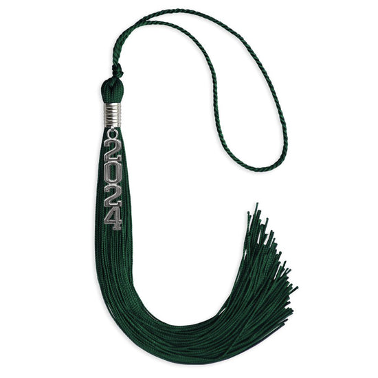 Hunter Green Graduation Tassel with Silver Stacked Date Drop by Wholesale Grad Supply