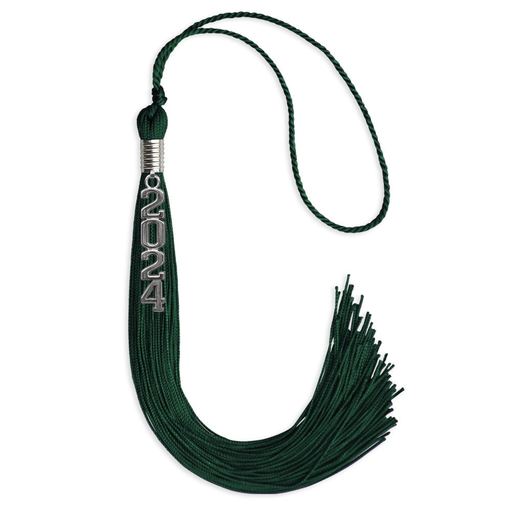 Hunter Green Graduation Tassel with Silver Stacked Date Drop by Wholesale Grad Supply