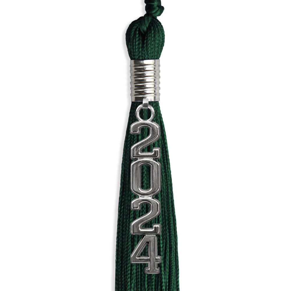 Hunter Green Graduation Tassel with Silver Stacked Date Drop by Wholesale Grad Supply