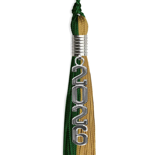 Hunter Green/Antique Gold Graduation Tassel with Silver Stacked Date Drop by Wholesale Grad Supply
