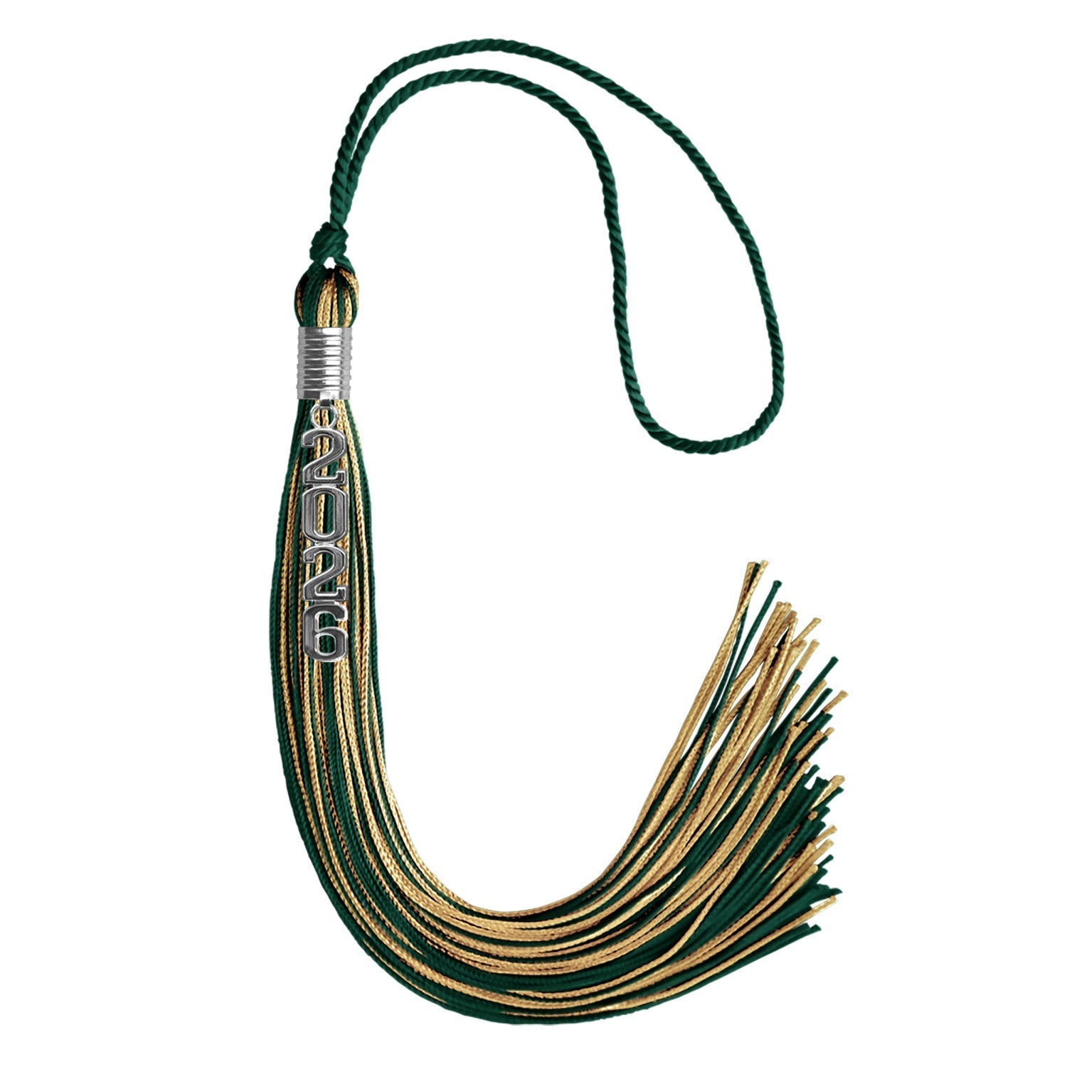Hunter Green/Antique Gold Mixed Color Graduation Tassel with Stacked Silver Date Drop by Wholesale Grad Supply
