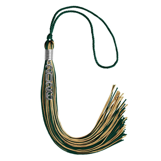 Hunter Green/Antique Gold Mixed Color Graduation Tassel with Stacked Silver Date Drop by Wholesale Grad Supply