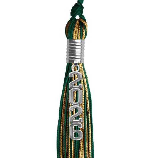 Hunter Green/Antique Gold Mixed Color Graduation Tassel with Stacked Silver Date Drop by Wholesale Grad Supply