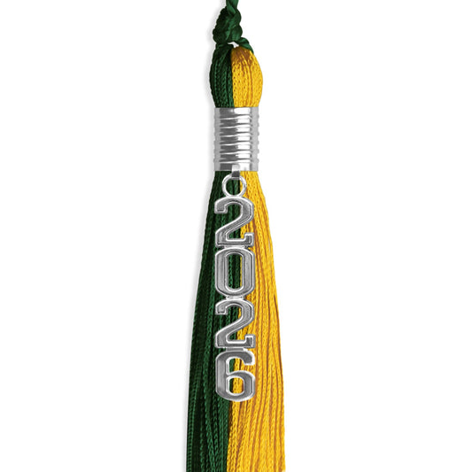 Hunter Green/Gold Graduation Tassel with Silver Stacked Date Drop by Wholesale Grad Supply